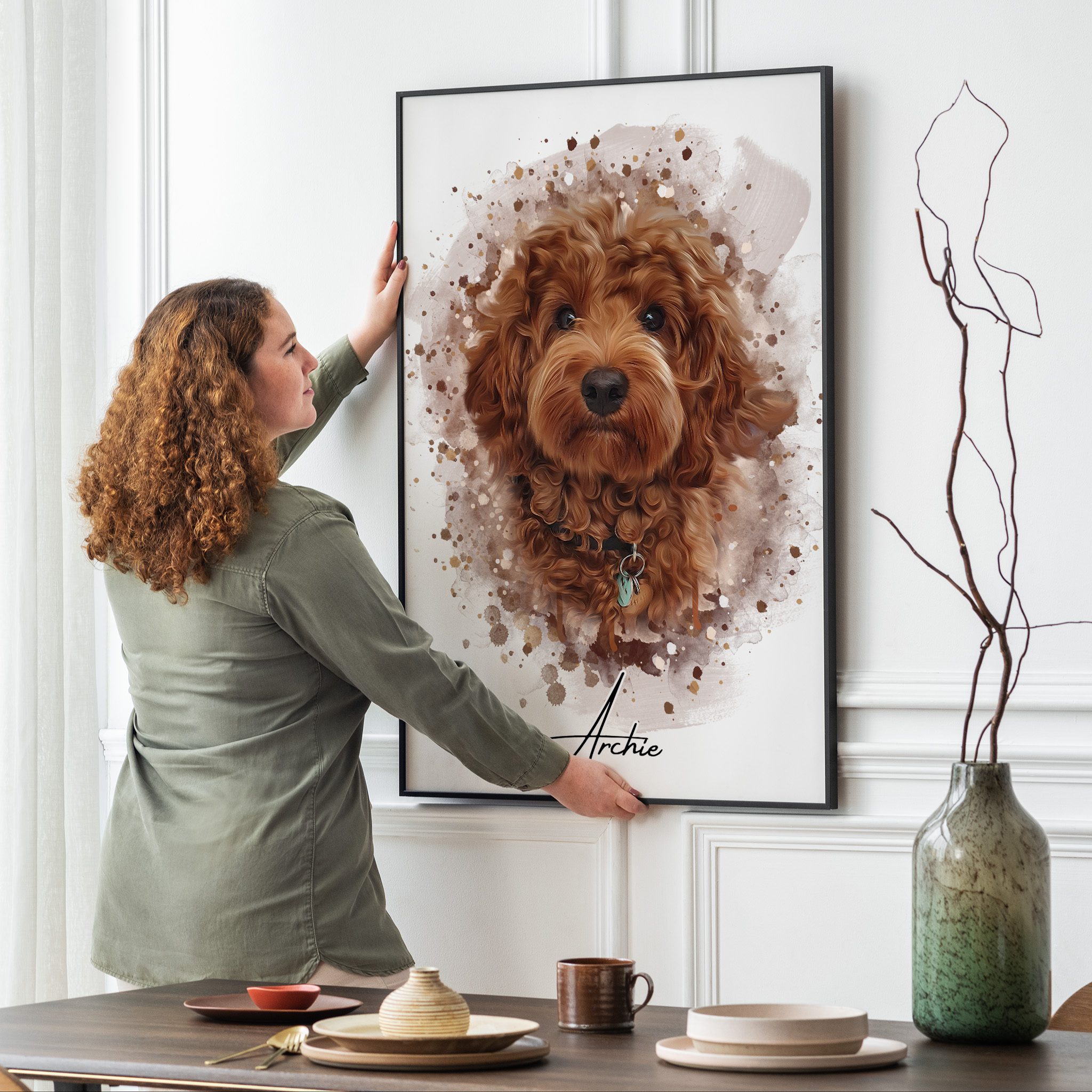 Your pet drawn as a watercolour image and printed as a black framed poster print