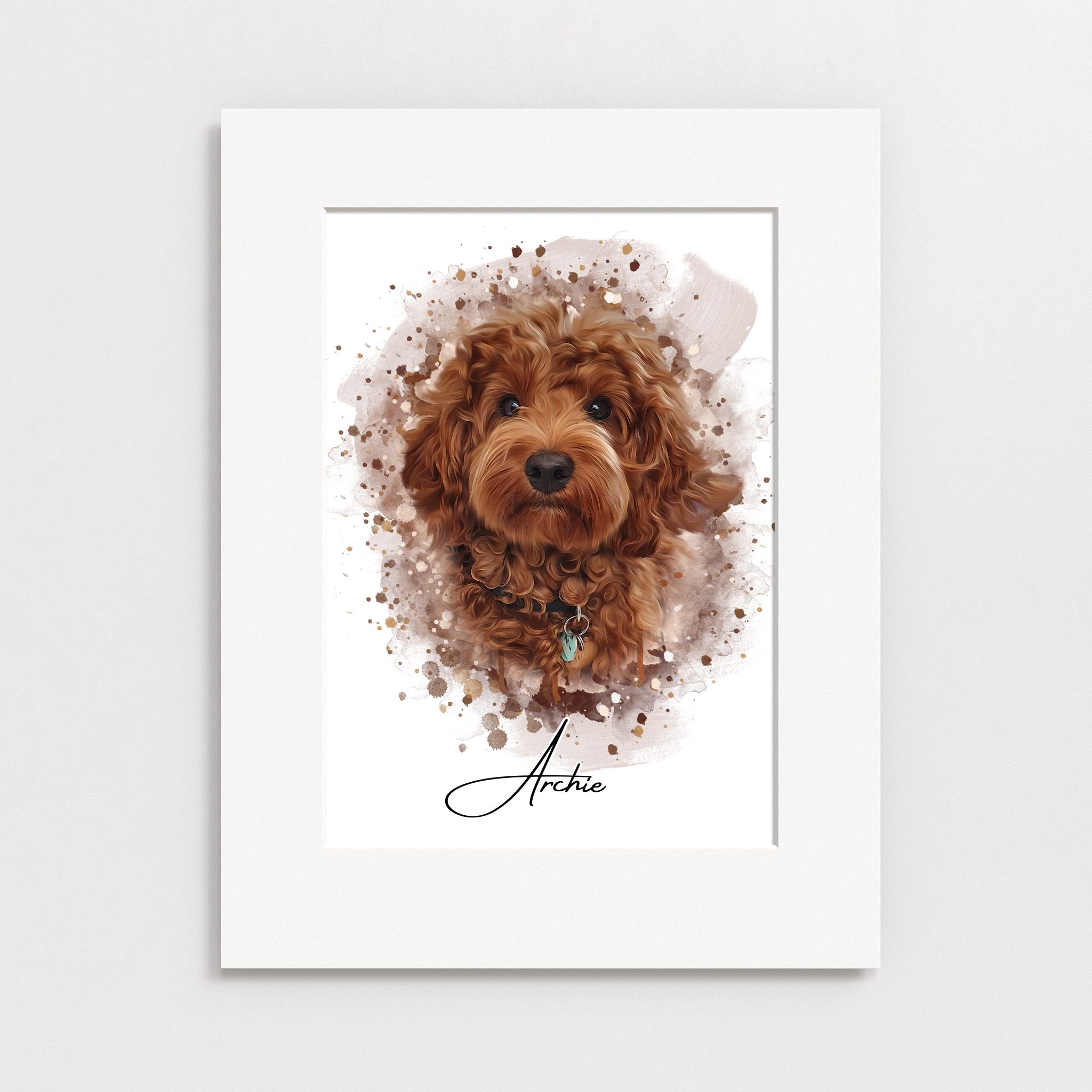 Your pet drawn as a watercolour image and printed as a black framed mounted poster print